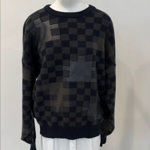 Vintage Men's Checkered Sweater - Black and Gray- Unisex - Leather details Sz L
